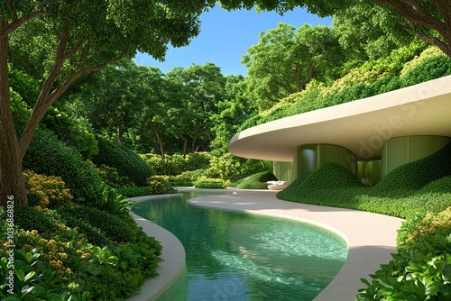 Serene Green Oasis with Reflective Pool, Modern Architecture, Nature Retreat. Generative AI