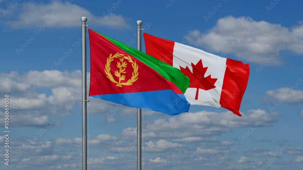Canada and Eritrea flags flying together, video concept of the relationship, two country cooperation concept Canada and Eritrea flags flying together, video concept of the relationship, two country cooperation concept