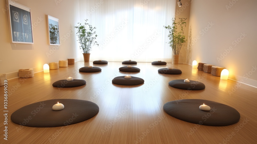 Serene Meditation Space with Candles and Cushions Serene Meditation Space with Candles and Cushions
