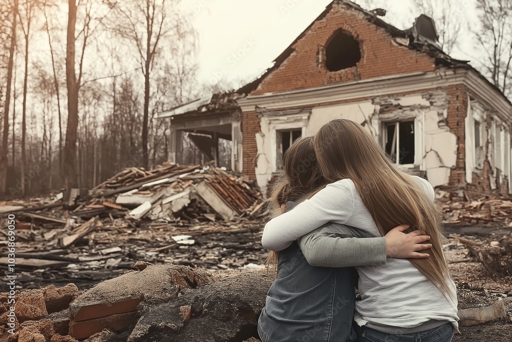 Fototapeta premium Two orphaned children hugging each other while sitting in front of the ruins of a destroyed home, evoking feelings of loss, tragedy, and the aftermath of disaster