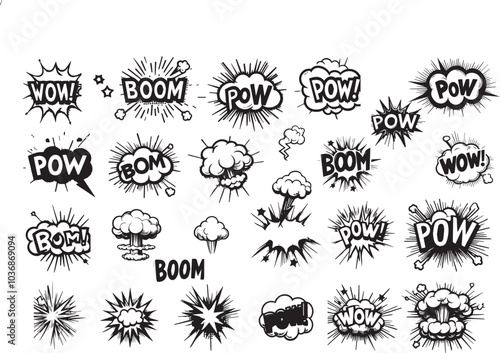 Comic boom cartoon effect line element set. Comic speech bubble pow, boom text, explosive splash smoke, wow cartoon vector icon. Hand drawn sketch doodle explosive element. Vector illustration. 