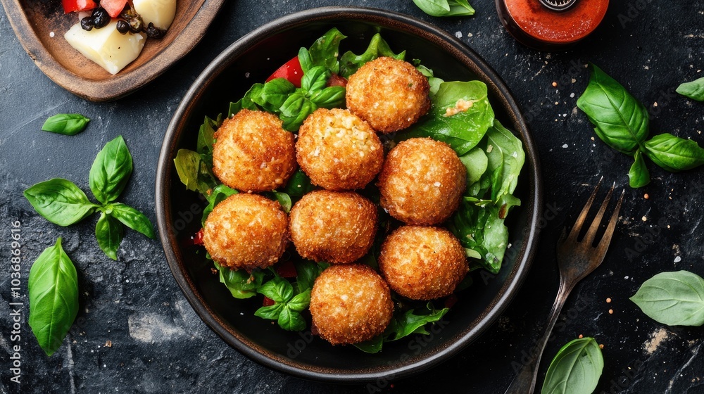 Delicious Aerial View of Perfectly Fried Arancini Delicious Aerial View of Perfectly Fried Arancini