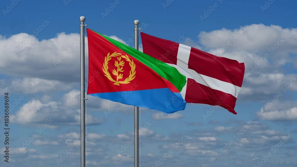 Denmark and Eritrea flags flying together, video concept of the relationship, two country relations concept Denmark and Eritrea flags flying together, video concept of the relationship, two country relations concept