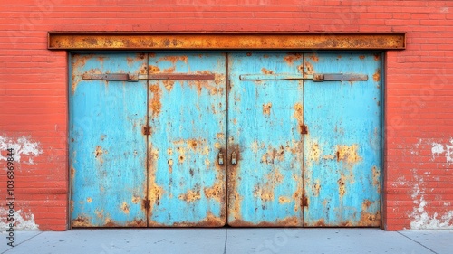 Rusty blue doors against a red brick wall.