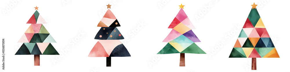 Four colorful, artistic Christmas trees on white isolated background.,transparent background. Four colorful, artistic Christmas trees on white isolated background.,transparent background.