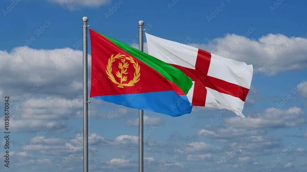 England and Eritrea flags flying together, video concept of the relationship, two country relations concept England and Eritrea flags flying together, video concept of the relationship, two country relations concept