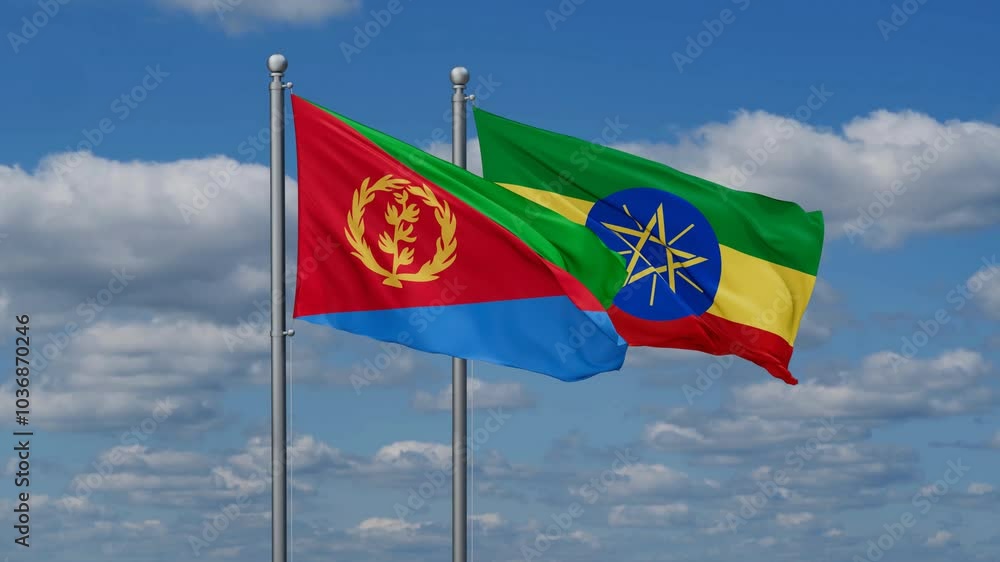 Ethiopia and Eritrea flags flying together, video concept of the relationship, two country relations concept Ethiopia and Eritrea flags flying together, video concept of the relationship, two country relations concept