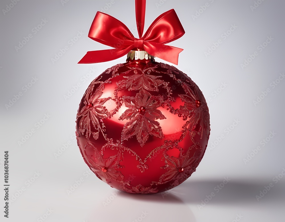 Red Christmas ornament hanging from a ribbon against a soft background during the holiday season Red Christmas ornament hanging from a ribbon against a soft background during the holiday season