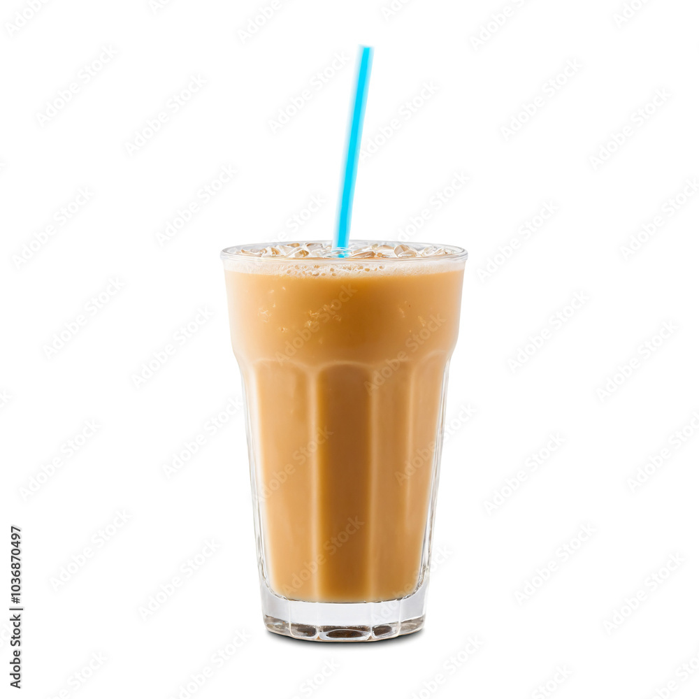 Iced milk tea in a chic clear glass cup with condensation and a straw close Iced milk tea in a chic clear glass cup with condensation and a straw close