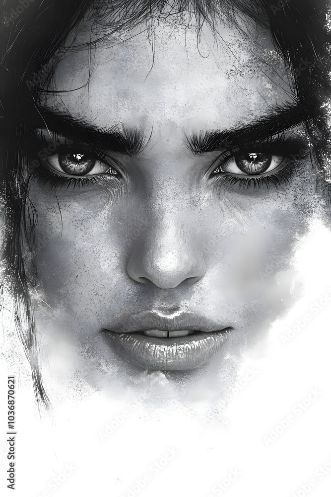 Fototapeta premium A striking portrait of a young woman with intense dark hair and piercing eyes, against a soft, ethereal background, conveying strong emotions and depth.