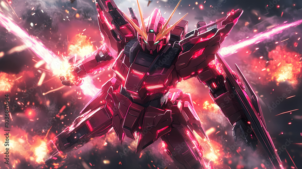 Epic Mecha Anime Warrior in Advanced Armor – Explosive Futuristic Battle with Laser Beams and Energy Blades Epic Mecha Anime Warrior in Advanced Armor – Explosive Futuristic Battle with Laser Beams and Energy Blades
