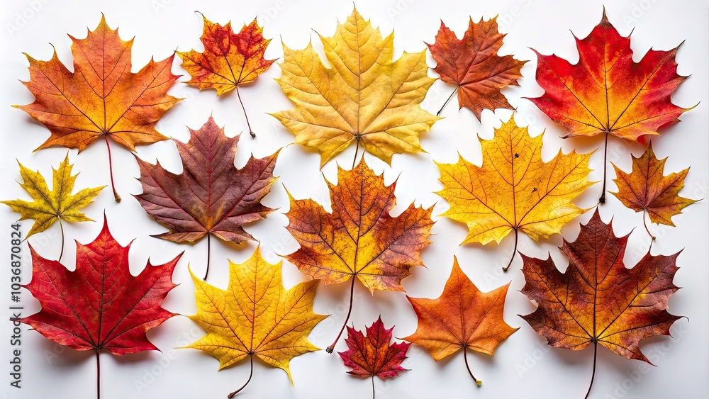 Fototapeta premium Autumn Leaves in Flat Style - Maple Leaf Collection for Fall Theme, Isolated on White Background, Perfect for Seasonal Decorations and Designs, Nature Inspired Aesthetic