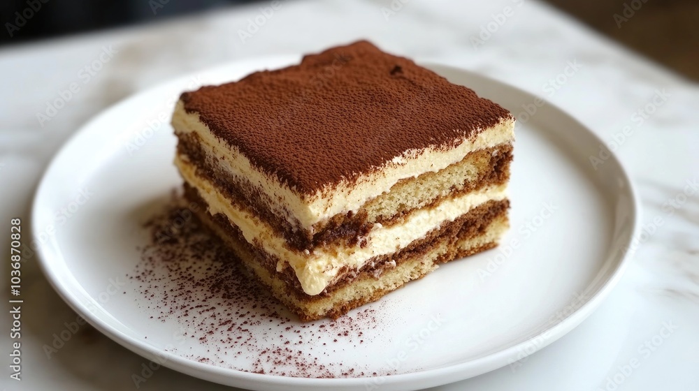 Delicious Tiramisu Cake on Elegant White Plate Delicious Tiramisu Cake on Elegant White Plate