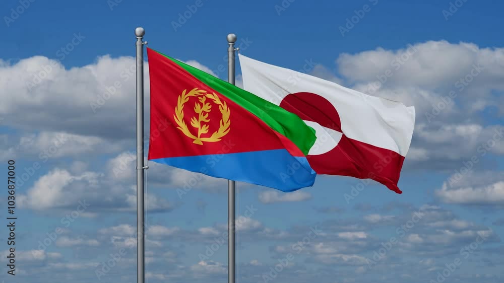 Greenland and Eritrea flags flying together, video concept of the relationship, two country relations concept Greenland and Eritrea flags flying together, video concept of the relationship, two country relations concept