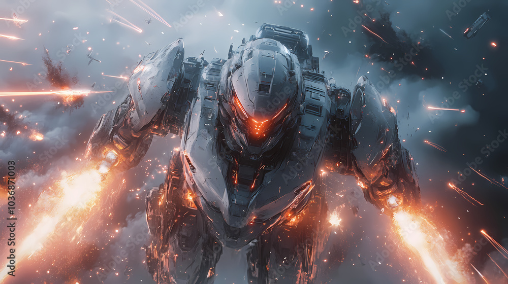 Epic Mecha Anime Warrior in Advanced Armor – Explosive Futuristic Battle with Laser Beams and Energy Blades Epic Mecha Anime Warrior in Advanced Armor – Explosive Futuristic Battle with Laser Beams and Energy Blades