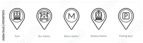 A set of 5 location pointer icons as train, bus station, metro station
