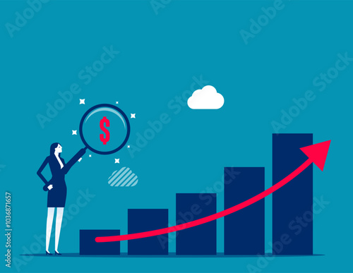 Revenue or salary increase, growth investment profit or earning from stock market, money or wages growing concept, businessman with magnifying glass on dollar money sign with growth graph and chart.