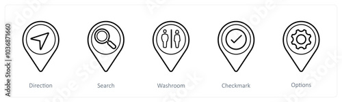 A set of 5 location pointer icons as direction, search, washroom