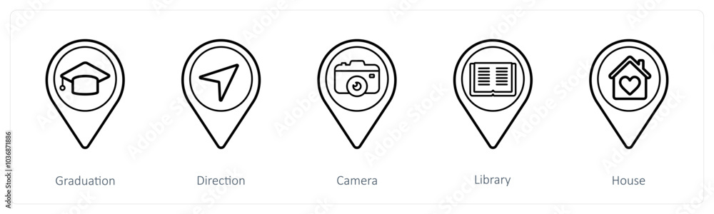 A set of 5 location pointer icons as graduation, direction, camera