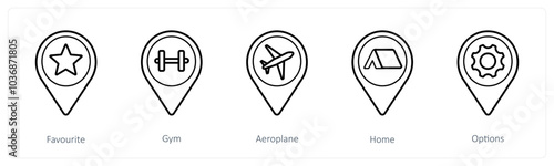 A set of 5 location pointer icons as favorite, gym, aeroplane