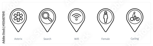 A set of 5 location pointer icons as asterix, search, wifi