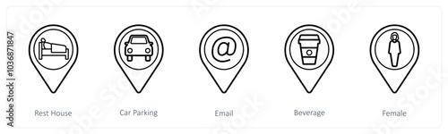 A set of 5 location pointer icons as rest house, car parking, email
