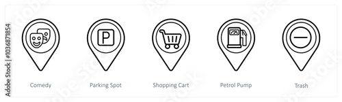 A set of 5 location pointer icons as comedy, parking spot, shopping cart