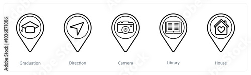 A set of 5 location pointer icons as graduation, direction, camera