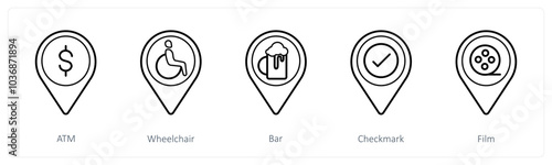A set of 5 location pointer icons as atm, wheel chair, bar