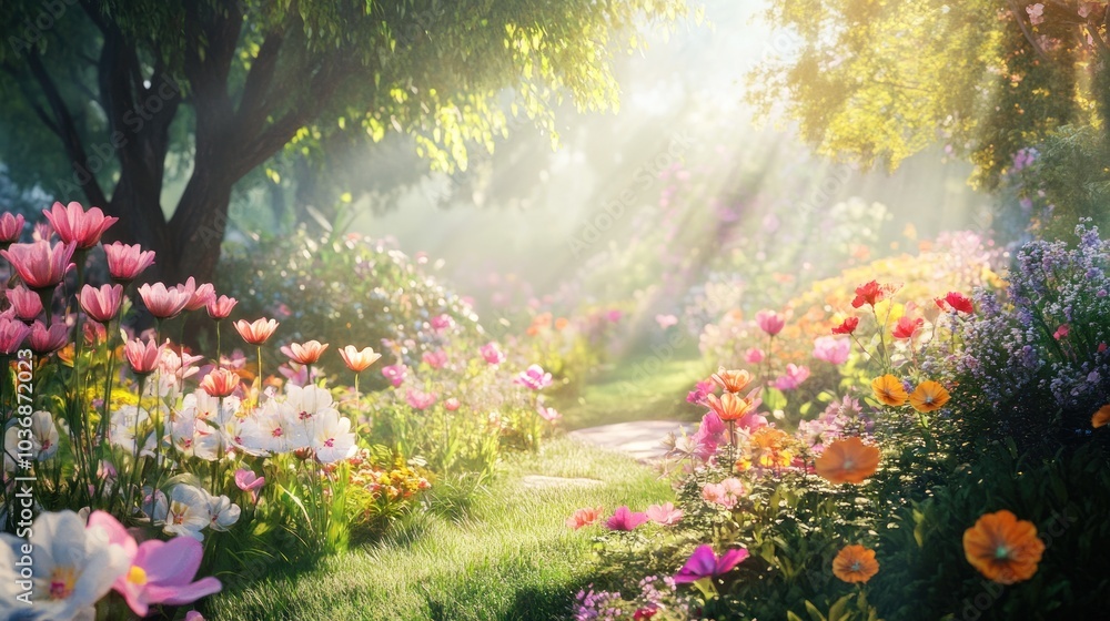 Sunbeams Through Blooming Garden