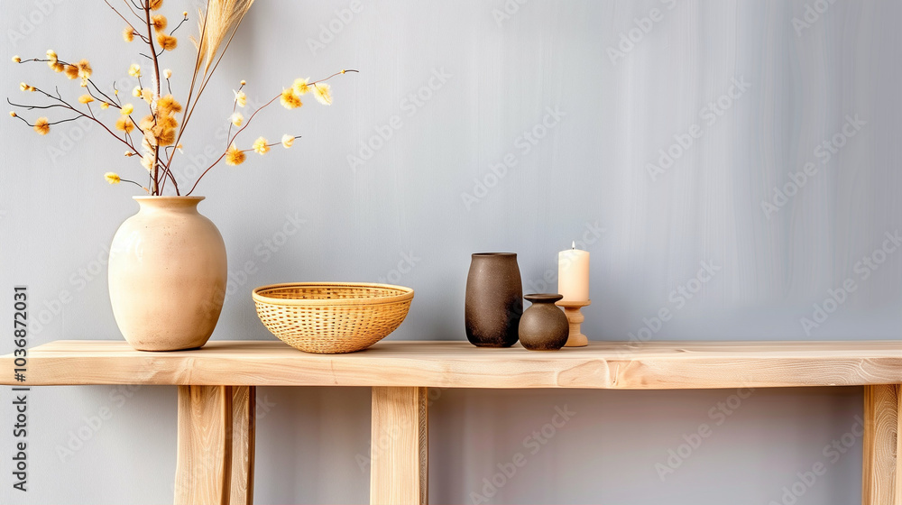 Fototapeta premium Decorative vase with home decor accents in modern interior design setting showcasing elegant styling and warm tones