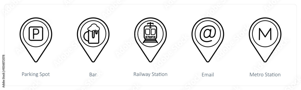A set of 5 location pointer icons as parking spot, bar, railway station A set of 5 location pointer icons as parking spot, bar, railway station