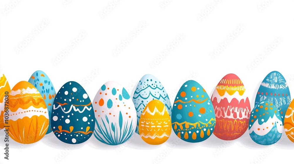 Flat design set of colorful Easter eggs arranged a playful pattern on a clean white background Each egg features unique designs creating a vibrant festive look with ample space for text Flat design set of colorful Easter eggs arranged a playful pattern on a clean white background Each egg features unique designs creating a vibrant festive look with ample space for text
