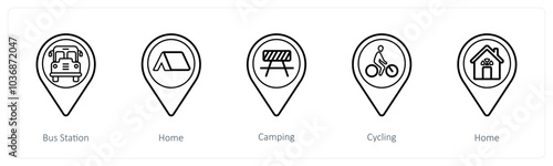 A set of 5 location pointer icons as bus station, home, camping