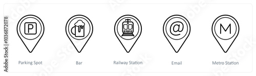 A set of 5 location pointer icons as parking spot, bar, railway station