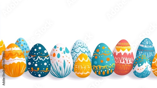 Flat design set of colorful Easter eggs arranged a playful pattern on a clean white background Each egg features unique designs creating a vibrant festive look with ample space for text