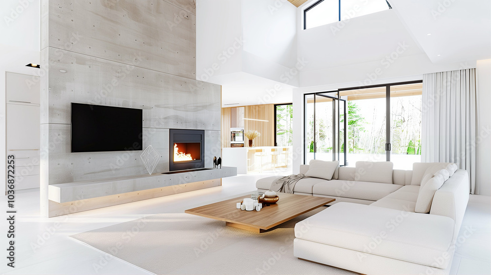 Fototapeta premium Modern living room interior design with minimalist decor and bright ambiance showcasing contemporary furniture and natural light