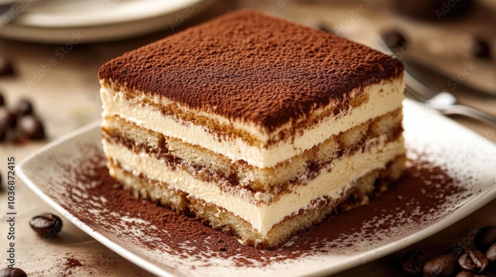 Decadent Tiramisu Cake on Elegant White Plate Decadent Tiramisu Cake on Elegant White Plate