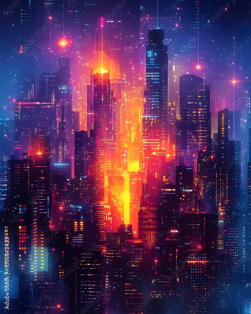 Fototapeta premium A vibrant, futuristic cityscape filled with glowing skyscrapers and colorful lights, evoking a sense of energy and innovation in a digital universe.