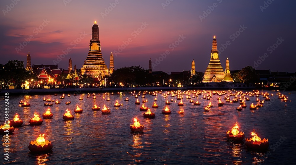 Fototapeta premium Serene Night at Thai Temple with Floating Lanterns