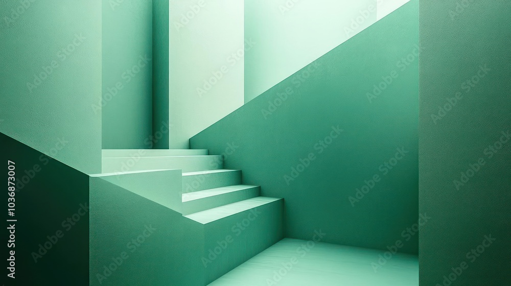 A multi-step staircase with a gradient green color scheme, leading to an upper level. A multi-step staircase with a gradient green color scheme, leading to an upper level.