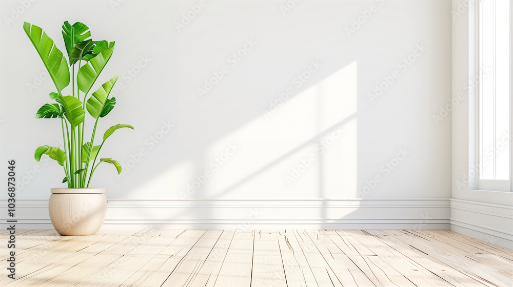 Potted plant in modern interior decor with bright light and wooden floor Potted plant in modern interior decor with bright light and wooden floor