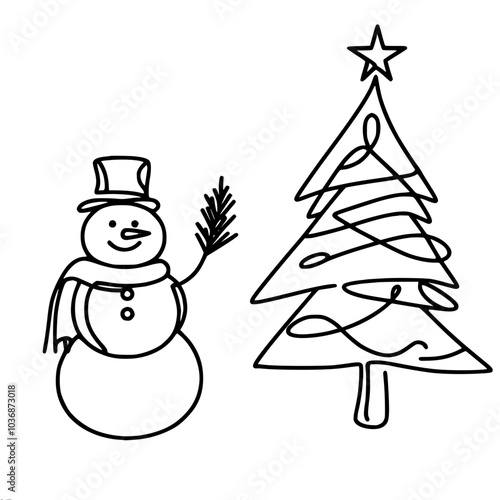 Linear vector contour drawing of a snowman with a branch instead of a hand standing near a Christmas tree, made in a minimalist style