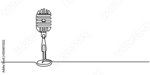 Podcast Streaming Continuous Line Editable Stroke Line, vocal mic continuous line vector illustration, Microphone one continuous line drawing vector illustration, Exclusive Interview Continuous Line