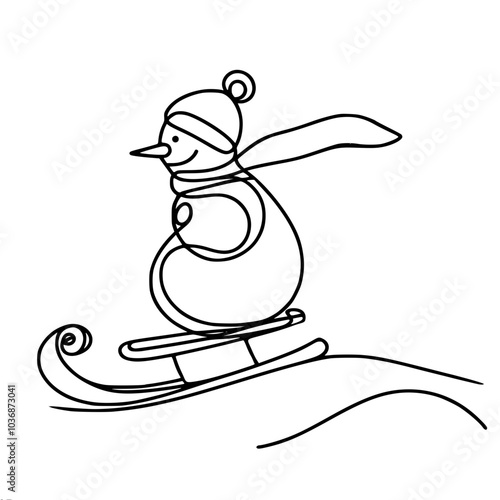 Linear vector contour drawing of a snowman on a sled with a carrot nose, wearing a hat and scarf, creating the feeling of moving down a hill