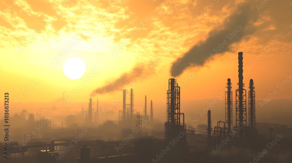 A sunset over a large industrial complex with many tall buildings. The sky is filled with clouds and the sun is setting A sunset over a large industrial complex with many tall buildings. The sky is filled with clouds and the sun is setting