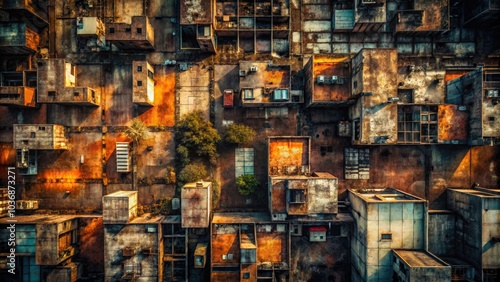 Aerial view of textured earth captures urban decay, featuring a dark color palette and grunge aesthetics, creating a moody, abstract artistic background with rich surfaces.