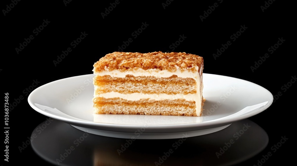 Creamy Honey Cake Slice on White Plate
