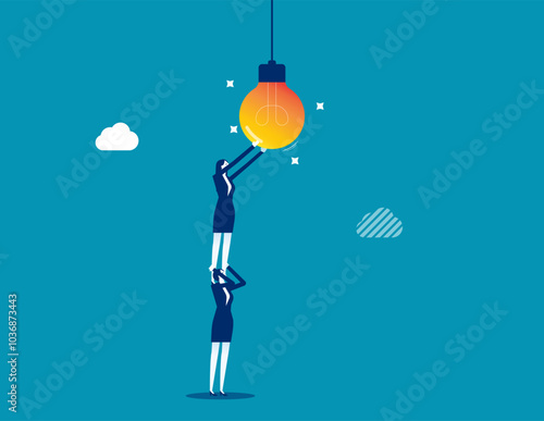 Partnership to success together, teamwork help get solution to solve problem, support to togetherness, collaboration and cooperation concept, businessman help support coworker to turn on lightbulb.
