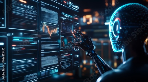 AI Robot Interacting with Digital Data Interface